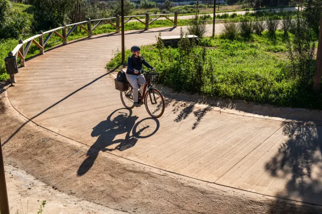 Una persona pasea tranquilamente en una bicicleta eléctrica por un sendero soleado, su recorrido enmarcado por una exuberante vegetación y barandillas de madera, capturando la esencia del estilo holandés.